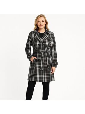 Xoxo trench coat lightweight jacket plaid black white double brest pocket medium